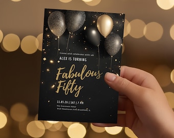Black and Gold 50th Birthday Invitation | Editable Canva Template (Instant Download)