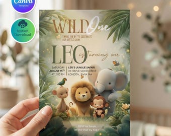Wild One Safari Birthday Invitation, Jungle Animals, Editable Template (Digital Download)