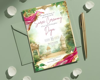 Hindu Saree Ceremony Invitation | Green & Gold Canva Template (Digital Download)