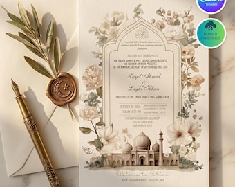 Vintage Botanical Nikah Invitation Template, Mosque, Sepia Roses (Digital Download)