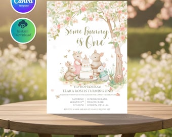 Some Bunny is One Birthday Invitation, Watercolor Bunny 1st Birthday Invite, Girl Bunny Garden Party, Whimsical Woodland Canva template