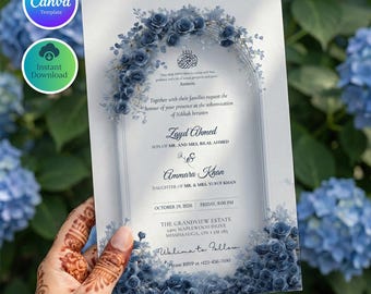 Blue Floral Nikkah Invitation Template, Islamic Wedding Invite, Muslim Marriage Ceremony, Dusty Blue Rose Arch, Walima Card, Digital Nikah