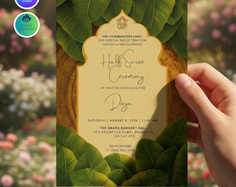 Banana Leaf Half Saree Invitation, Digital Langa Voni Ceremony, Ritu Kala Samskara, Tamil puberty ceremony, Malayalam Half Saree Invitation