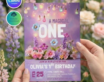 Editable Pastel Floral Birthday Invitation | Baby in Bloom Baby Shower Invite | Fairy Light Garden Party | Gender Neutral Template