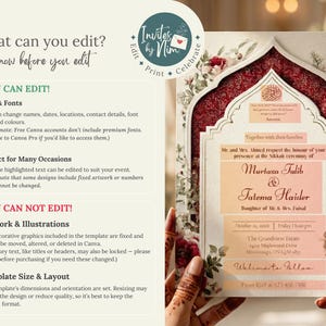Puede incluir: Invitaci&oacute;n de boda con dise&ntilde;o floral y detalles en borgo&ntilde;a. La invitaci&oacute;n incluye los nombres Murtaza Talib y Fatema Haider, junto con los detalles del evento. El texto "Invites by Nim" es visible. La invitaci&oacute;n es sostenida por manos.
