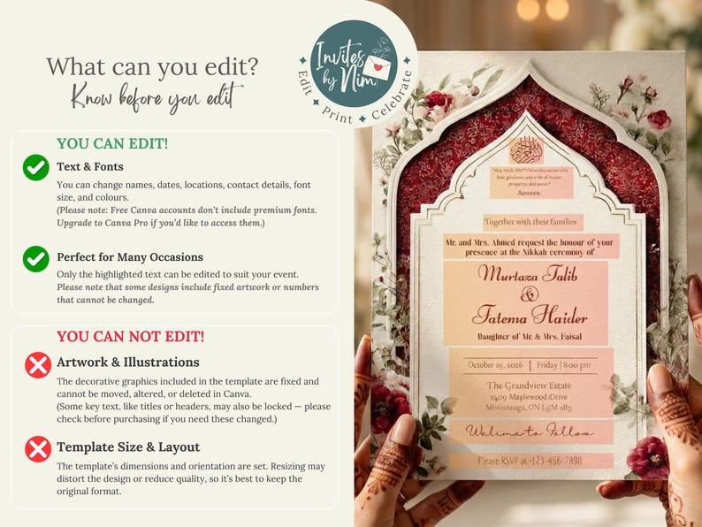 Puede incluir: Invitaci&oacute;n de boda con dise&ntilde;o floral y detalles en borgo&ntilde;a. La invitaci&oacute;n incluye los nombres Murtaza Talib y Fatema Haider, junto con los detalles del evento. El texto "Invites by Nim" es visible. La invitaci&oacute;n es sostenida por manos.