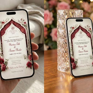 Puede incluir: Dos smartphones que muestran una invitaci&oacute;n de boda con un dise&ntilde;o floral y los nombres Murtaza Talib y Fatema Haider. La invitaci&oacute;n presenta un arco burdeos y detalles florales. Un tel&eacute;fono se sostiene, el otro est&aacute; sobre una superficie de madera.
