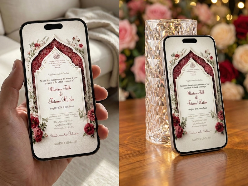 Puede incluir: Dos smartphones que muestran una invitaci&oacute;n de boda con un dise&ntilde;o floral y los nombres Murtaza Talib y Fatema Haider. La invitaci&oacute;n presenta un arco burdeos y detalles florales. Un tel&eacute;fono se sostiene, el otro est&aacute; sobre una superficie de madera.