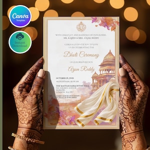 Puede incluir: Invitación a una ceremonia Dhoti, con texto adornado y un diseño tradicional. La invitación incluye los nombres de los anfitriones y del hijo, Arjun Reddy, junto con la fecha, la hora y el lugar. El diseño incluye una ilustración de un templo y detalles florales.