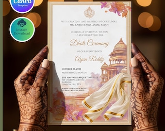 Modelo de convite para cerimônia do Dhoti | Convite para a cerimônia Panchalu | Cartão tradicional indiano para a passagem para a idade adulta | Cerimônia de puberdade de um menino hindu