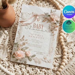 Boho Floral Baby Shower Invitation, Blush Pink, Printable Canva Template