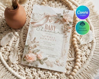 Boho Floral Baby Shower Invitation, Blush Pink, Printable Canva Template