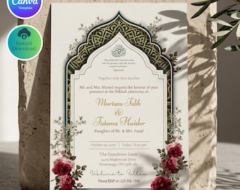 Digital Nikkah Invitation, Islamic Wedding Invite, Mughal Arch Floral Muslim Wedding Card, Printable Digital Download