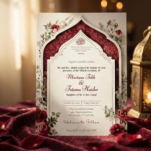 Puede incluir: Invitaci&oacute;n de boda con dise&ntilde;o floral. La invitaci&oacute;n presenta una combinaci&oacute;n de colores burdeos y crema, con detalles florales y ornamentados. El texto incluye nombres, fecha, hora y detalles de la ubicaci&oacute;n para la ceremonia Nikah.