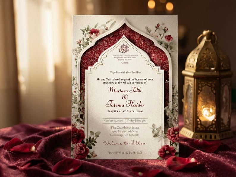 Puede incluir: Invitaci&oacute;n de boda con dise&ntilde;o floral. La invitaci&oacute;n presenta una combinaci&oacute;n de colores burdeos y crema, con detalles florales y ornamentados. El texto incluye nombres, fecha, hora y detalles de la ubicaci&oacute;n para la ceremonia Nikah.