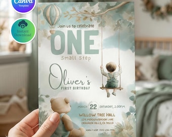 Watercolor Teddy Bear 1st Birthday Invitation Boy, Canva Template