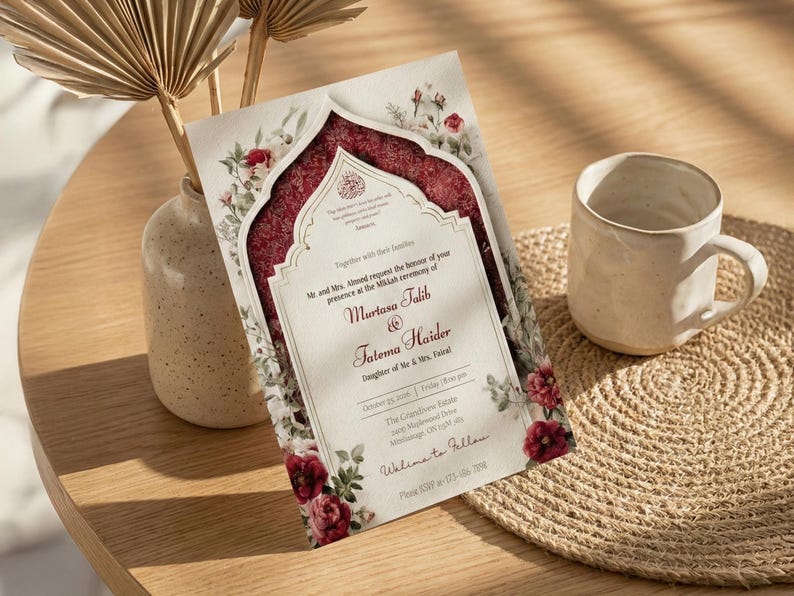 Puede incluir: Una invitaci&oacute;n de boda con un dise&ntilde;o floral burdeos y blanco. La invitaci&oacute;n presenta los nombres Murtasa Talib y Fatema Haider. La invitaci&oacute;n est&aacute; sobre una mesa de madera con una taza beige y un salvamanteles tejido.