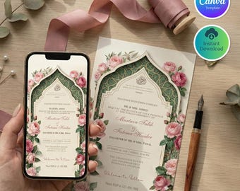 Plantilla de invitación para Nikkah, invitación de boda islámica, tarjeta de matrimonio musulmana con arco floral, invitación para Walima, descarga digital de Canva