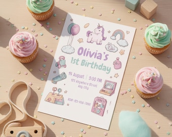 Pastel Unicorn Birthday Invitation | Editable Canva Template (Digital Download)