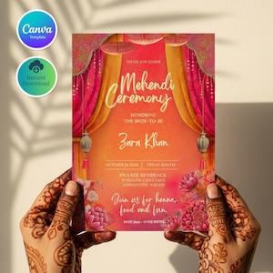 Szablon zaproszenia na ceremonię mehendi, zaproszenie na indyjskie wesele z henną, królewska kartka boho sangeet, edytowalna wersja cyfrowa Canva do pobrania