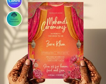 Mehendi Ceremony Invitation Template, Indian Wedding Henna Party Invite, Royal Boho Sangeet Card, Editable Canva Digital Download