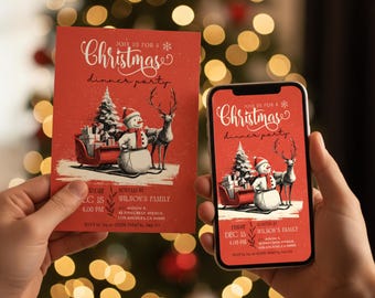 Vintage Red Christmas Dinner Party Invitation – Editable Canva Template (Digital Download)
