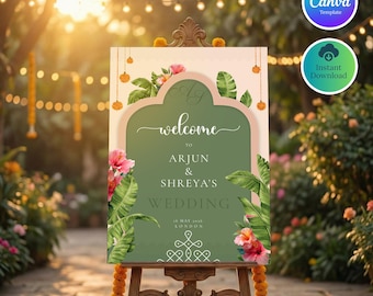 Tamil Wedding Welcome Sign Template, South Indian Banana Leaf Decor, Hindu Ceremony Board, Marigold & Hibiscus Floral Sign, DIY Canva Edit
