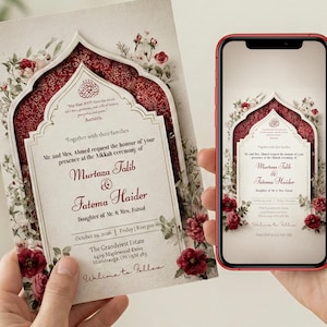 Puede incluir: Una invitaci&oacute;n de boda con un dise&ntilde;o floral y un arco ornamentado. La invitaci&oacute;n incluye los nombres Murtaza Talib y Fatema Haider, la fecha y el lugar de la ceremonia. Un smartphone muestra la misma invitaci&oacute;n.