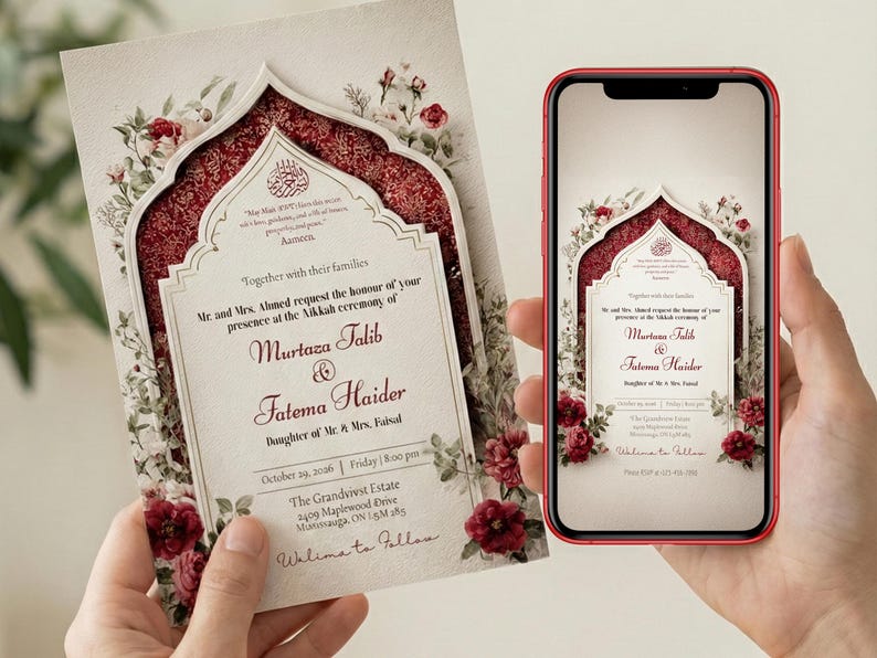 Puede incluir: Una invitaci&oacute;n de boda con un dise&ntilde;o floral y un arco ornamentado. La invitaci&oacute;n incluye los nombres Murtaza Talib y Fatema Haider, la fecha y el lugar de la ceremonia. Un smartphone muestra la misma invitaci&oacute;n.