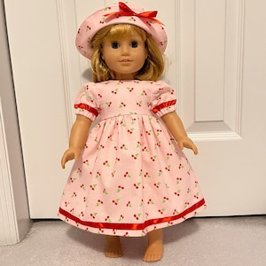 18 inch Doll Pink with Tossed Cherries Dress with Matching Hat
