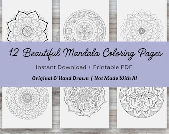 Pode incluir: São exibidas doze páginas para colorir de mandalas em preto e branco. O texto na imagem diz: "12 Beautiful Mandala Coloring Pages, Instant Download + Printable PDF, Original & Hand Drawn / Not Made With AI."