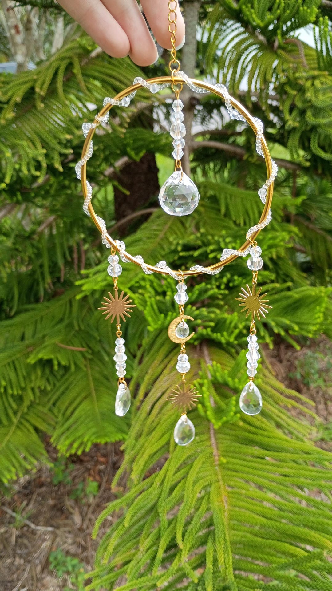 Gold Celestial Crystal Suncatcher – Handmade Hanging Window Decor, 4x10 ...
