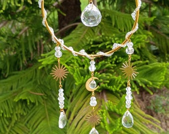 Gold Celestial Crystal Suncatcher – Handmade Hanging Window Decor, 4x10 inches, Rainbow Maker, Home Decor, Beautiful Unique Spiritual Gift