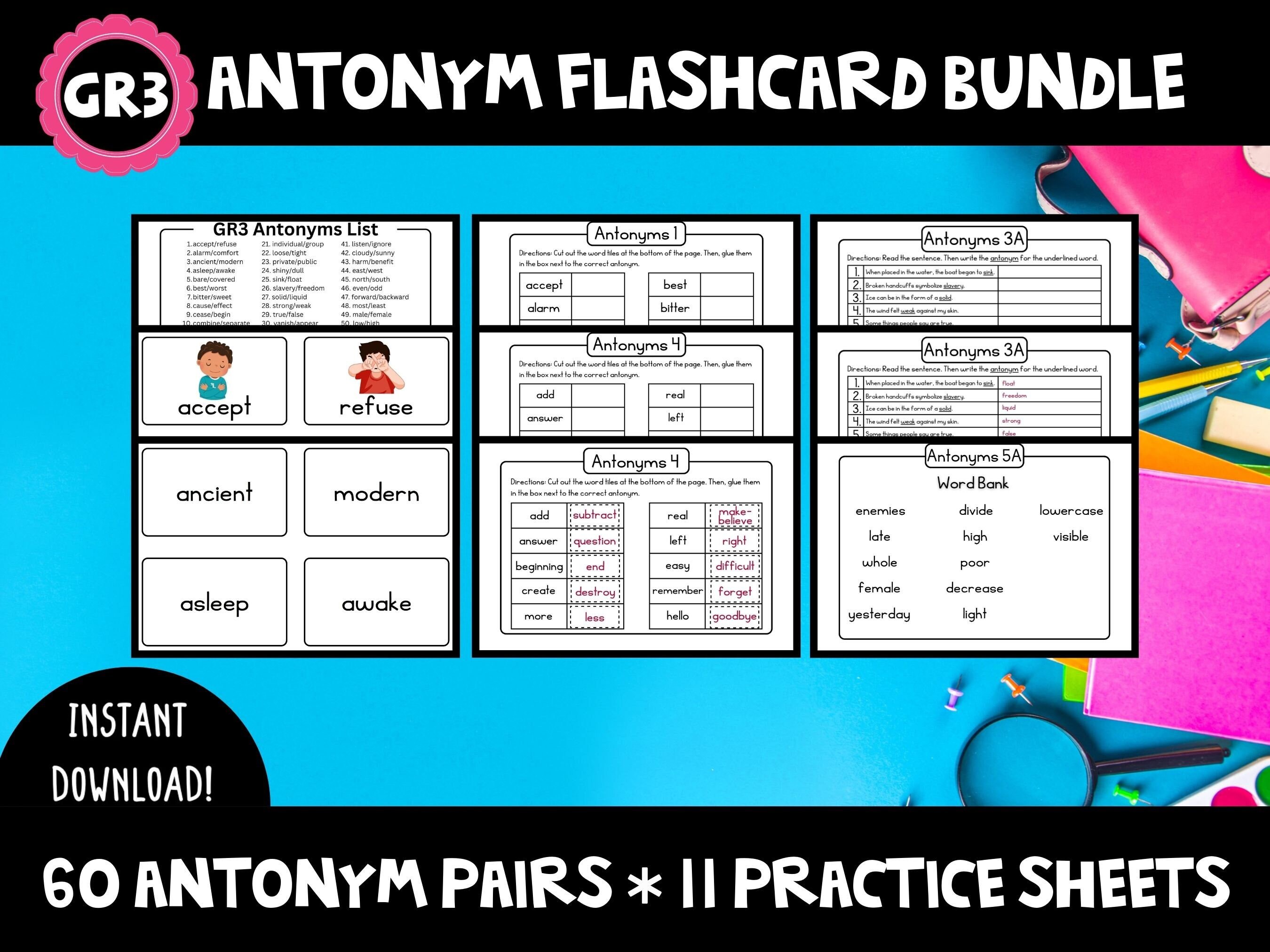 Third Grade Antonyms Bundle Flashcards Worksheets - Etsy