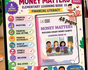 May include: A digital tablet screen displaying the Money Matters Elementary Learning Book III, a 48-page financial literacy guide for children. The interface features a list of topics including investing, goal setting, and inflation, with colorful illustrations of children learning in a classroom setting.