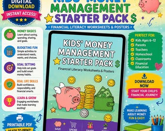 May include: A digital Kids' Money Management Starter Pack featuring financial literacy worksheets and posters. The display shows a tablet with a pink piggy bank, gold coins, and a green wallet illustration, plus text about saving, spending, sharing, and growing.