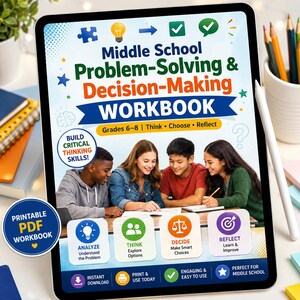 Puede incluir: Una tableta digital que muestra la portada de un libro de ejercicios de resolución de problemas y toma de decisiones para secundaria. Incluye tres estudiantes, cuatro iconos coloridos de análisis, pensamiento, decisión y reflexión.