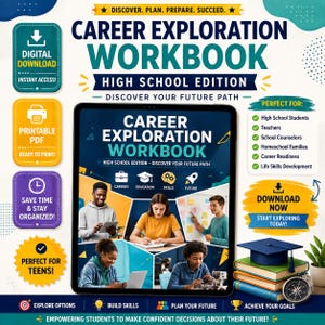 Op de afbeelding: Een digitaal loopbaanverkenning-werkboek voor de middelbare school, weergegeven op een tablet met studerende leerlingen, omringd door tekstvakken over digitale download, printbare PDF en organisatorische voordelen voor middelbare scholieren.