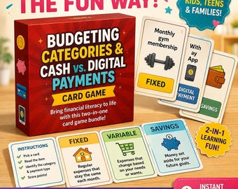 Może przedstawiać: Czerwone pudełko gry karcianej Budgeting Categories & Cash vs. Digital Payments, zawierające karty z kategoriami takimi jak Fixed, Variable i Savings. Karty przedstawiają ikony domu, wózka sklepowego oraz świnki skarbonki z tekstem.