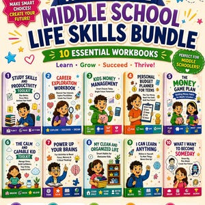 Peut inclure: Un ensemble éducatif coloré pour les collégiens, comprenant 10 cahiers d'exercices sur les compétences de la vie. L'image présente des couvertures illustrées avec des titres tels que "Compétences d'étude", "Exploration de carrière" et "Gestion de l'argent des enfants".