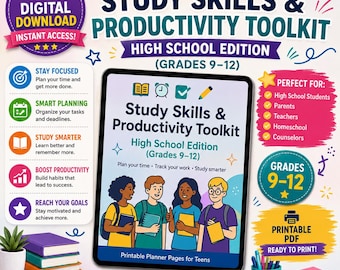 May include: A digital study skills and productivity toolkit for high school students in grades 9-12. The graphic features a tablet displaying four illustrated students, text about planning and tracking work, and various icons for organization.