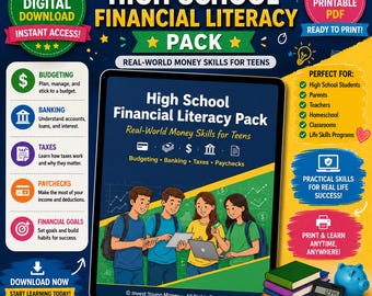 May include: A digital High School Financial Literacy Pack featuring a tablet display with four students using laptops and tablets. The graphic includes text about budgeting, banking, taxes, and paychecks, alongside icons for a piggy bank and calculator.