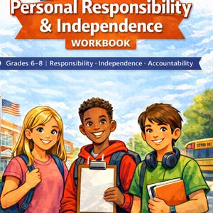 Puede incluir: Una portada de cuaderno de trabajo para estudiantes de secundaria, titulado "Responsabilidad Personal e Independencia", con el texto "Grades 6-8". La imagen muestra a tres estudiantes sonriendo con mochilas, frente a un edificio escolar y un autobús escolar.