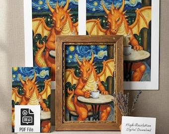 Dragon Coffee Print: Van Gogh Starry Night Inspired Art (Digital Download)