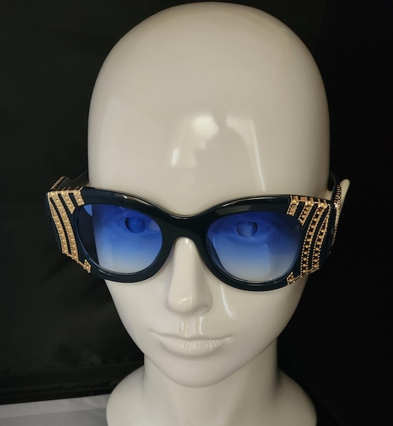 Blue With Gold Metal Stripe Retro Sunglasses - Etsy display picture 2