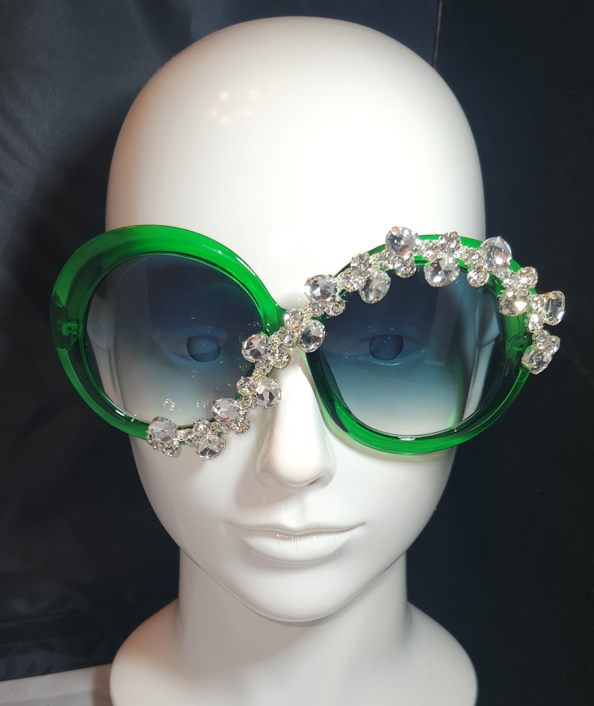 Oversized green luxury rhinestone sunglasses Pink and Green Bling Sunglasses | Square Sunglasses With  main image 2