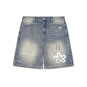 May include: Blue denim shorts with a distressed wash. The shorts feature a white graphic on the right leg and the text "weldonvintage" on the left leg. They have a classic five-pocket design.