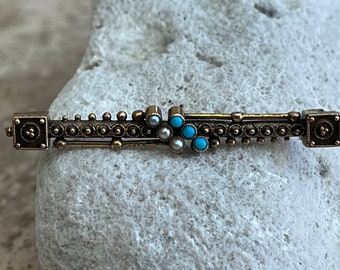 Victorian Late 1800s 9K Gold Turquoise and Pearls Brooch, Pin