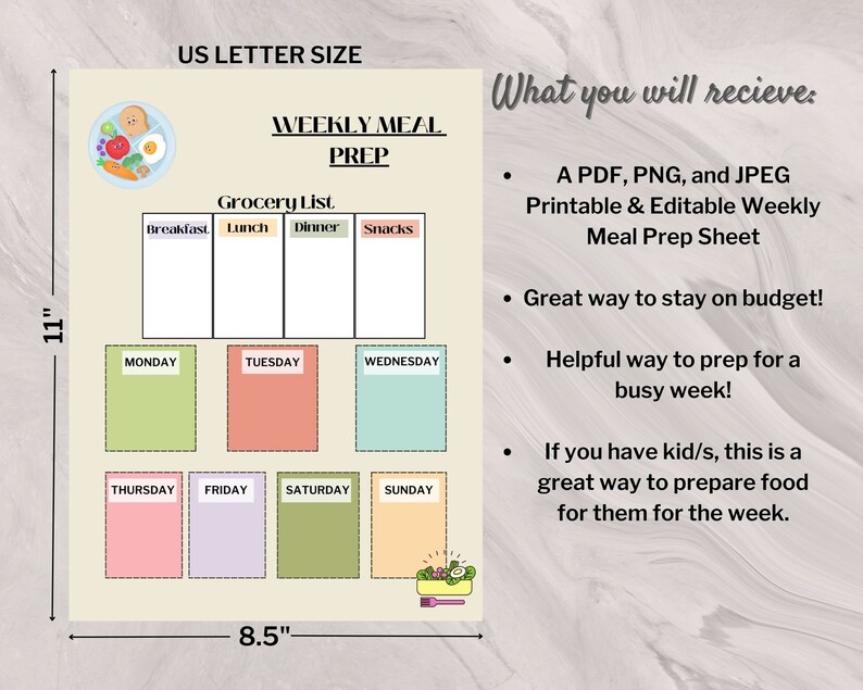 Printable and Editable Weekly Meal Prep Sheet, Digital Week Meal Prep