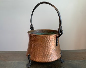 Hammered Copper Cauldron Iron Handle Made in West Germany Vintage Three Feet German Cauldron